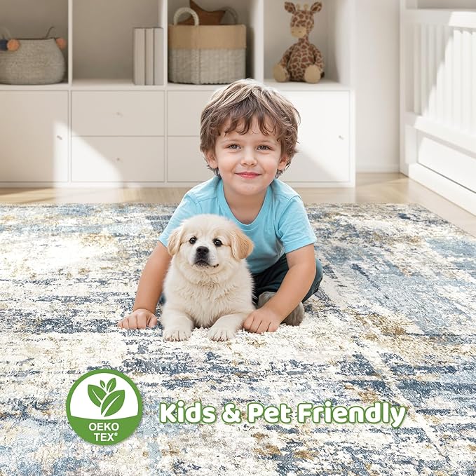 10x12 Area Rug Living Room: Washable Large Abstract Modern Soft Rugs Stain Resistant Indoor Floor Non Slip Accent Carpet for Bedroom Nursery Playroom Office Dining Room Dorm Home House- Light Blue