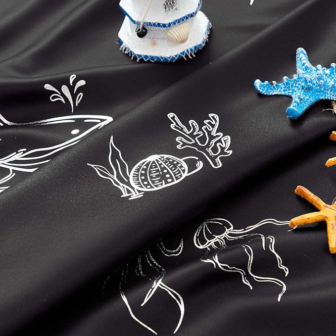 Vangao Kids Curtains for Boys Bedroom Kids Blackout Curtains 63 Inch Length Ocean Aquarium Nursery Drapes for Girls Bedroom Silver Sea Animals Print Thermal Insulated Drapes, Black 2 Panels