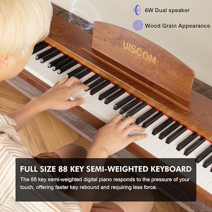88 Key Digital Piano Keyboard for Beginners,Full Size Electric Piano Semi-Weighted Keyboard with Sheet Music Stand,Pedal,Headphone,Power Adapter,USB-MIDI Compatibility,Wood Grain Brown
