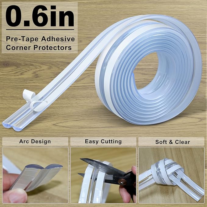 Baby Proofing, 0.4in Edge Protector Strip Clear, Thickened Silicone Soft Corner Protectors with Upgraded Pre-Taped Strong Adhesive, 9.8ft Edge Protectors for Cabinets, Tables, Drawers (White)