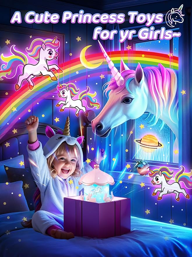 Carousel Night Light for Kids, 10 Music+15 Films+315 Colors Star Projector for Kids Night Light Projector,360°+Remote+1200mah Star Lights for Ceiling, Unicorn Toys for Girls Room Decor Princess Gifts