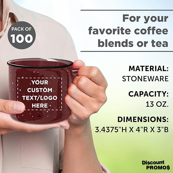 DISCOUNT PROMOS Custom Ceramic Campfire Coffee Mugs 13 oz. Set of 100, Personalized Bulk Pack - Perfect for Tea, Espresso, Cappuccino, Hot Cocoa - Maroon