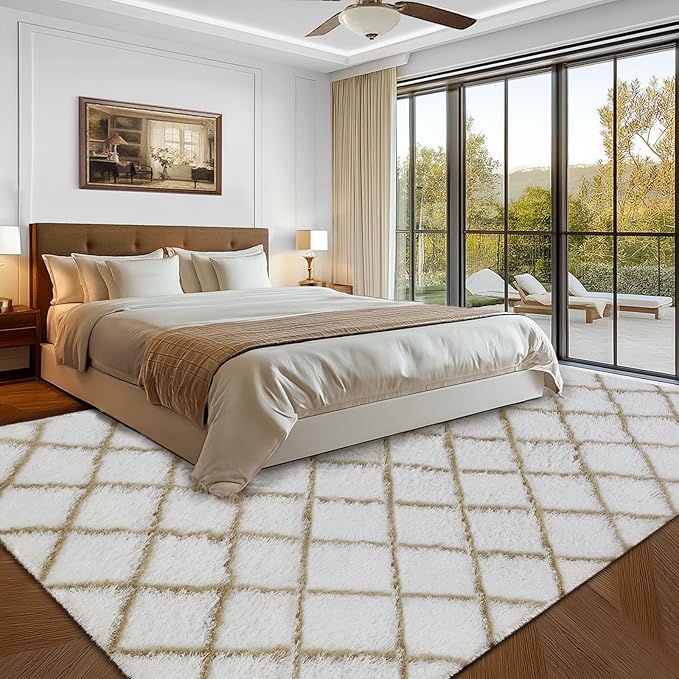 Fluffy Rug for Bedroom, Stripe Checkered Rug Anti-Skid High Pile for Living Room Bedroom Kids Room Nursery, Dorm Home Decor