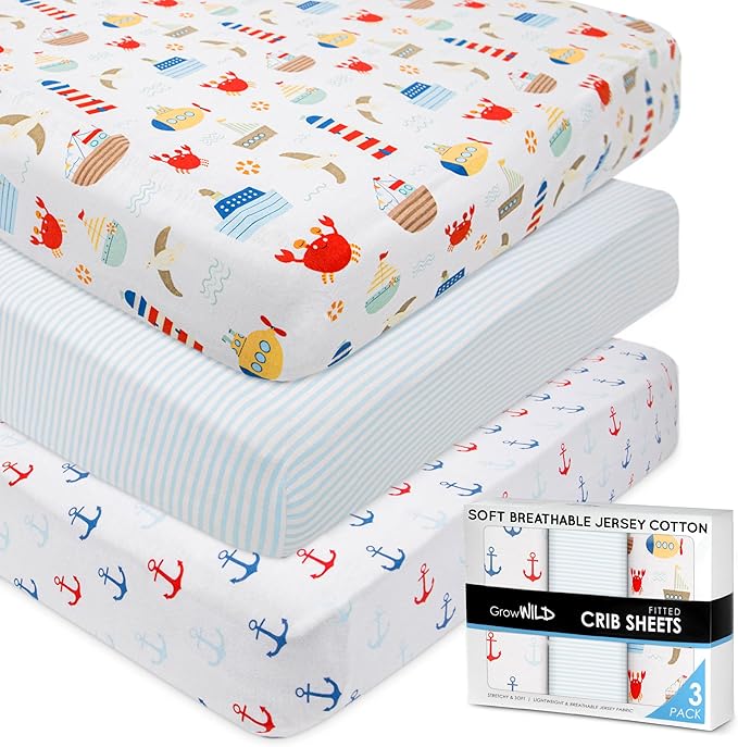 GROW WILD Nautical & Ships Baby Crib Sheets for Boys (3 Pack) - Jersey Knit Fitted Sheet (52" x 28"), Toddler Bedding Set & Baby Boy Crib Bedding Set, Anchors and Ships with Stripes