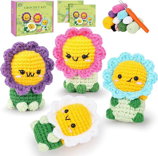 Crochet Kit for Beginners - 4PCS Flowers Complete Crochet Starter Kit with Step-by-Step Video Tutorials, Beginner Crochet Kits for Adults Kids Women, Flower Family Crocheting Set