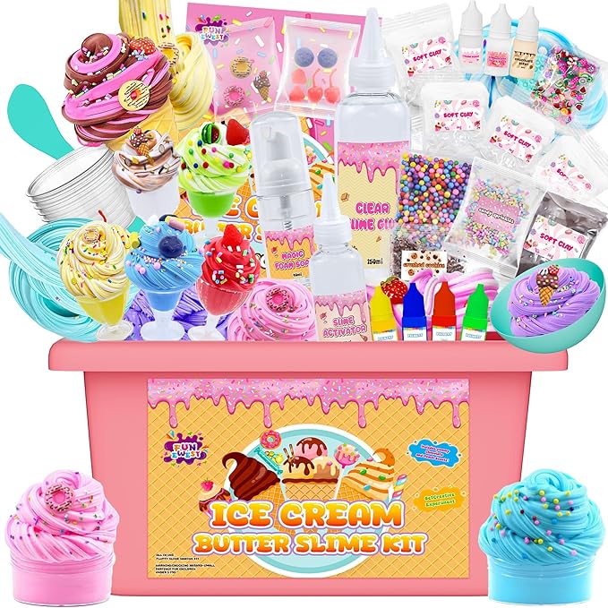 Funewest Slime Kit for Girls Ages 8-12 Mini Fluffy Butter Slime Making Kit Ice Cream Slime for Kids DIY Craft Kits with 30+ Piece Birthday Gifts