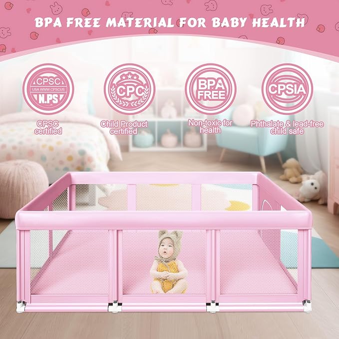 74" ×50" Large Baby Playpen, Baby Playard for Babies and Toddlers, Play Pens for Indoor & Outdoor, Sturdy Safety Play Yard with Soft Breathable Mesh, Anti-Fall, Pink