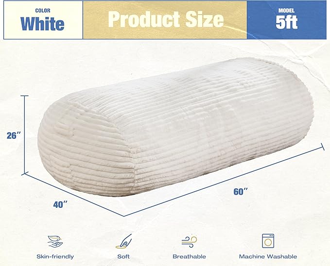 Hobestluk 5FT Bean Bag Chairs Adult Bean Bag with Portable Handle Comfy Large Bean Bag Lounge Chair with Removable Cover for Living Room Bedroom (Stripe White, 5FT)