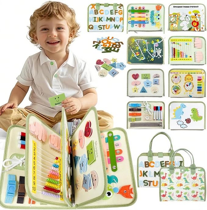 Toddler Busy Board for 1 2 3 4 Year Old - Montessori Busy Book Travel Toys Sensory Board Educational Activity Book for Learning Fine Motor Skills, Gifts for Girls Boys Toddler 1+ Years Old