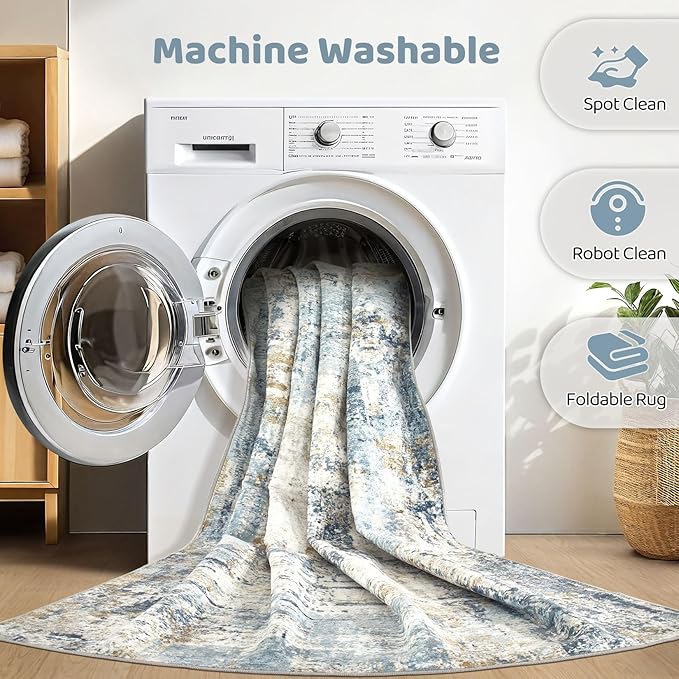 8x10 Area Rugs Washable Rug: Living Room Large Abstract Modern Soft Stain Resistant Indoor Floor Non Slip Accent Carpet for Bedroom Nursery Playroom Office Dining Room Dorm Home House- Blue