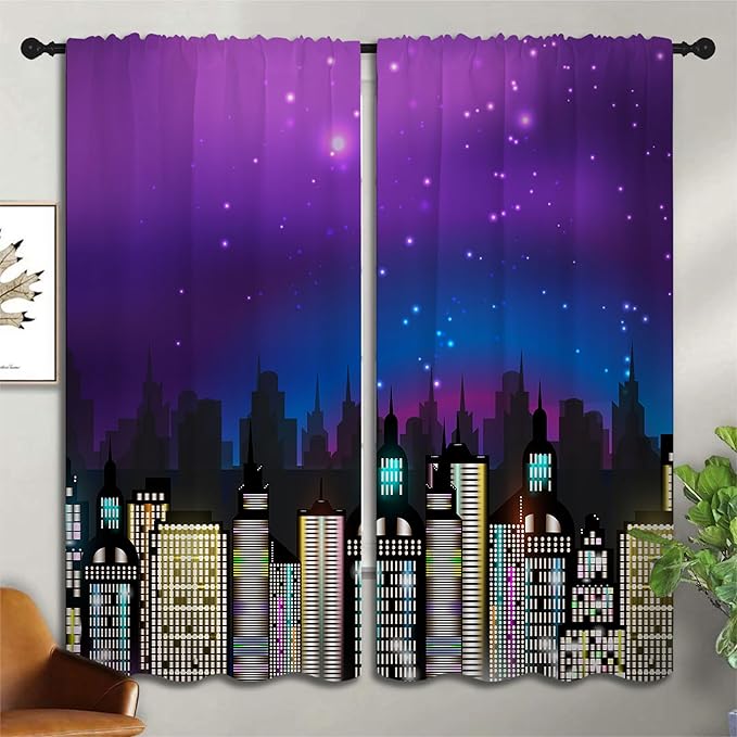 Superhero Rod Pocket Blackout Curtains for Boy Girl Bedroom, Super City Skyline Buildings Night Panorama Thermal Insulated Home Window Drapes for Living Room Darkening, 72x63 inch