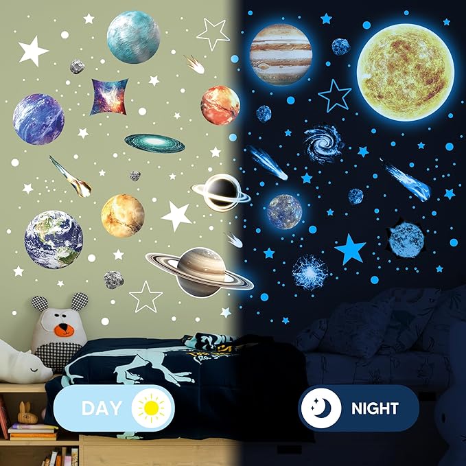 Glow in The Dark Stars and Planets for Ceiling, Robmoda Glow Solar System Wall Stickers, Space Wall Decals for Kids Boys Room (Blue)