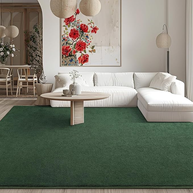 Kimicole 6x9 Washable Area Rugs for Living Room Bedroom, Large Low Pile Ulta-Thin Solid Color Rug, Non-Slip Soft Fluffy Carpet for Nursery Kids Room Dorm Room Home Decor (Dark Green)