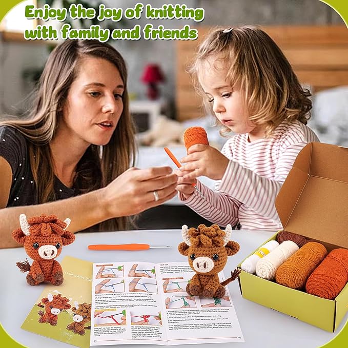 Highland Cow Crochet Kit for Beginners - 2PCS Animals Crochet Kit with Step-by-Step Video Tutorials, Highland Cows Crocheting Kit, Crochet Starter Kit for Kids and Adults, Stuffed Animal Knitting Kit