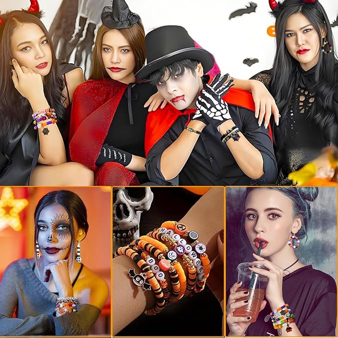 3140Pcs Halloween Beads for Bracelet Jewelry Making Kit, Halloween Clay Beads Black White Orange Purple Pumpkin Round Letter Star Skull Bead Bulk with Ghost Witch Hat Charm for DIY Craft Earring