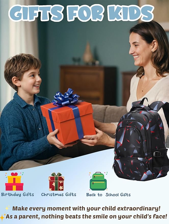 BLUEFAIRY Kids Backpack for Boys Elementary Primary School Bags for Childs Black Bagpack Book Bag Back to School Gifts for Son Mochilas Escolares para Niños 17" Large Compartment Black/Red
