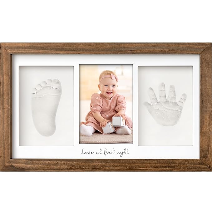 Baby Hand and Footprint Kit - Clay Handprint Keepsake Frame, Newborn Nursery Picture Frame, Personalized New Mom Gifts for Baby Shower & Registry (Medium Oak)