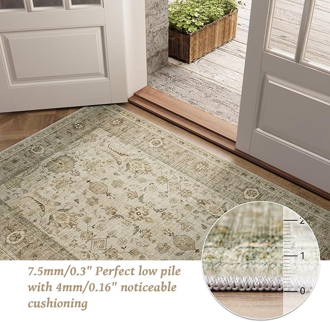 Washable 9x12 Area Rugs for Living Room, Boho Non-Slip Silicone Backing Rugs for Bedroom Dining Room Nursery Office, 0.3" Neutral Oriental Throw Carpet with 0.16" Cushioning Pad, Light Brown/Multi
