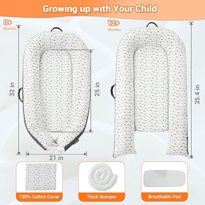 JOLLITO Baby Lounger for Baby Girls & Boys, Infant Lounger Cover, Newborn Essentials for Baby 0-12 Months, Baby Play Mat,100% Cotton Breathable, Portable Travel, Babies Essentials Gifts