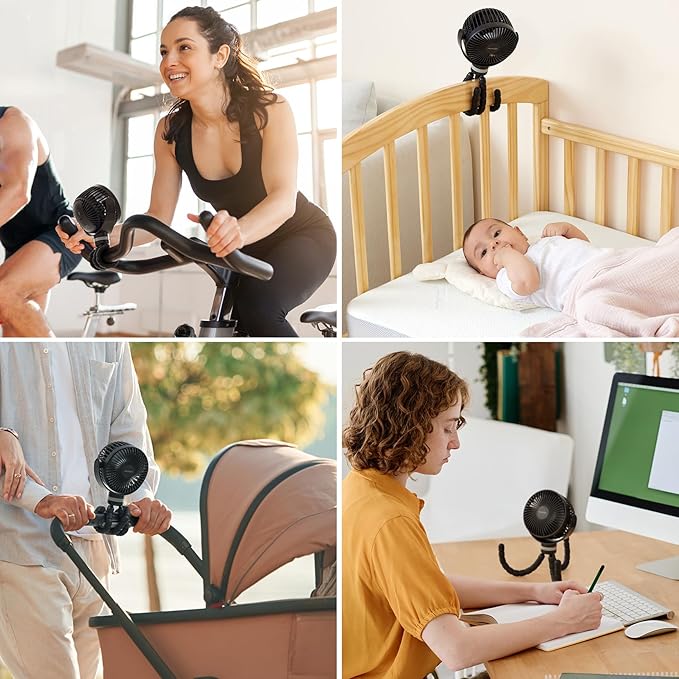 Momcozy 8000mAh Portable Stroller Fan, 27H Ultra-long Life Detachable 4 Speed 360°Rotate LED Night Light with 2 Modes, USB Rechargeable Handheld Cooling Fan for Travel/Bedroom/Car Seat