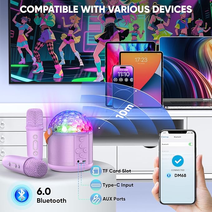 Karaoke Machine with Disco LED Lights for Adults Kids, Portable Bluetooth Speaker with 2 Wireless Microphone, Gifts Toys for 3-12+ Kids Birthday Family Home Party