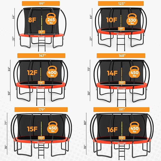 JUMPZYLLA Trampoline Outdoor 8FT 10FT 12FT 14FT 15FT 16FT with Enclosure and Ladder, ASTM Approved Recreational Trampoline for Kids and Adults, Anti-Rust Coated Frame