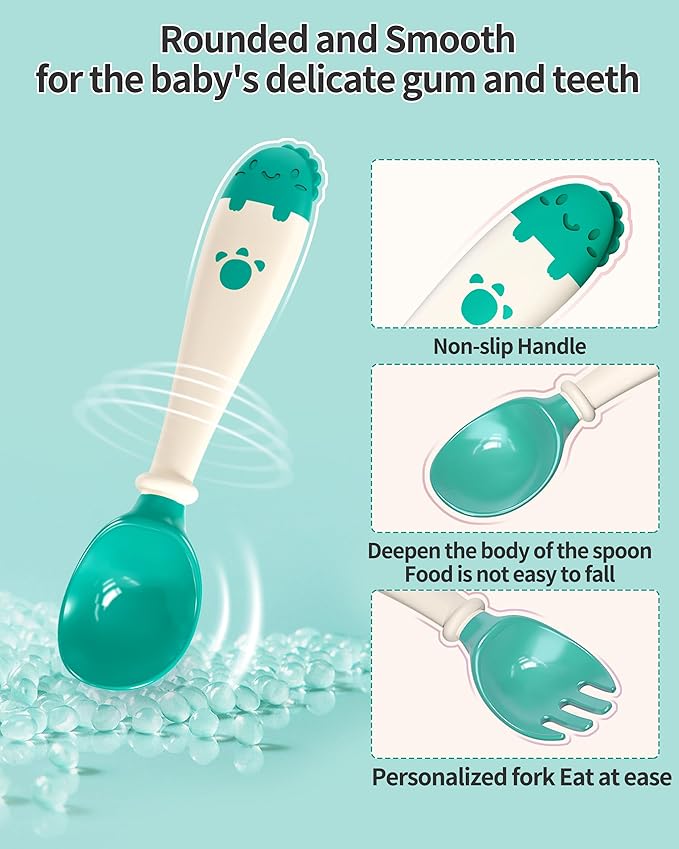 Deejoy Toddler Utensils, Self-feeding Flatware Set withTravel Case, Baby Spoons and Forks with Silicone Bendable Handle, Easy Grip Heat-Resistant, Ideal for Kids, Stage 2 (Green)