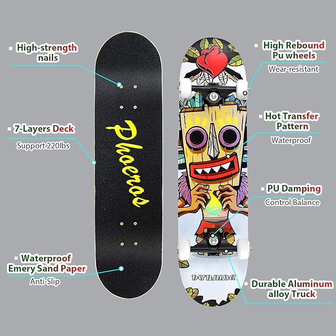 Easy_Way Complete Skateboards- Standard Skateboards for Beginners Kids Boys Girls Teenager- 31''x 8''Canadian Maple Cruiser Pro Skate Board, Skateboards