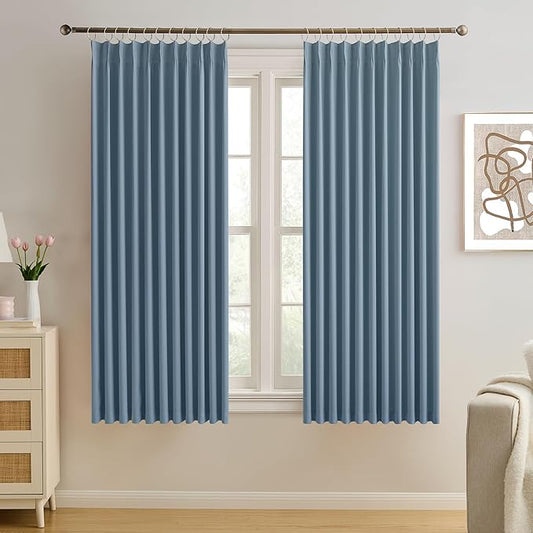 KEQIAOSUOCAI Pinch Pleated Blackout Curtain Drapes for Window 63" L - Triple Weave Energy Saving Thermal Room Divider Blackout Panels for Patio (72" Wide per Panel, 2 Panels, Dusty Blue)