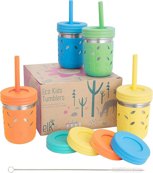 Elk and Friends 10oz Stainless Steel Kids + Toddler Drinking Cups | The Original Mason Jars with Lids + Sleeves + Straws | Smoothie Cups | Spill Resistant | Dishwasher Safe | 4 Pack