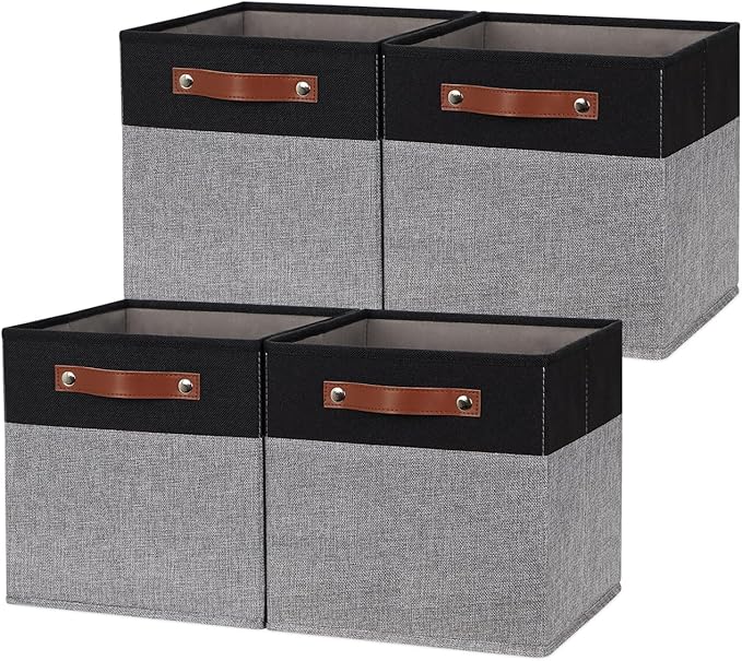 HNZIGE Fabric Cube Storage Baskets 11x11, Set of 4, Foldable Baskets with Handlesfor Organizer Closet(Black Gray)