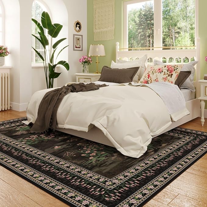 5x7 Area Rugs Impressionist-Style Vintage Washable Area Rug Non Slip Low Pile Large Rugs for Living Room Bedroom Farmhouse Dining Room Kids Playroom, Black