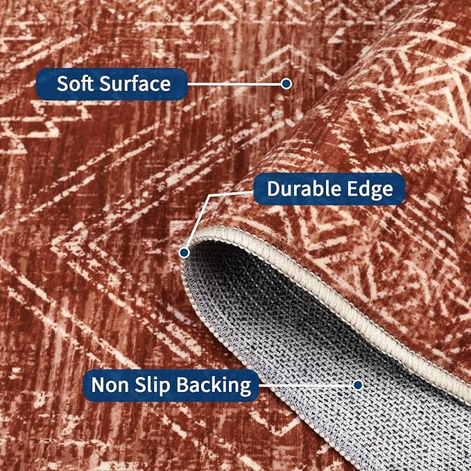 COZYLOOM 10x13 Area Rug Modern Indoor Area Rug Machine-Washable for Living Room or Bedroom Softness Foldable Mat for Easy Storage Geometric Design Non Slip Rug Stain Resistant Carpet, Brick Red