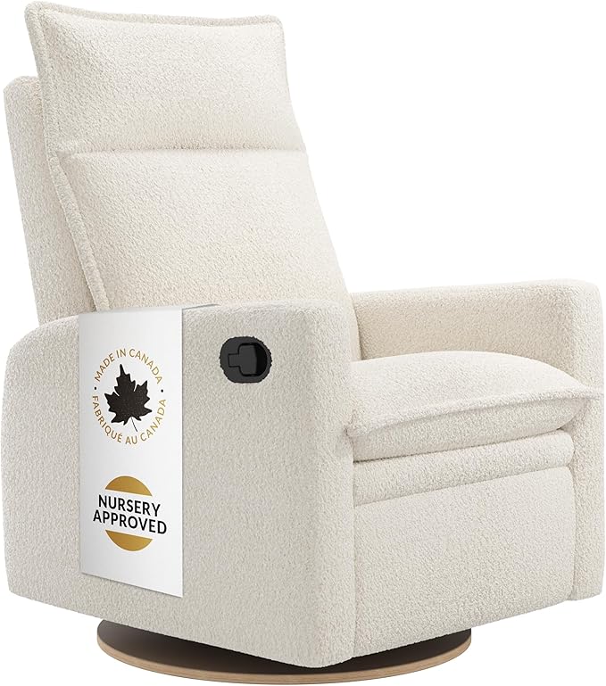 Jaymar Arya Modern Nursery Glider Recliner Chair – Cozy Nursing Chair with 360° Swivel for New Parents, Gentle Motion, Compact Design, High Back & Low Armrests, Canadian Made (Pearl/Puppy Fabric)