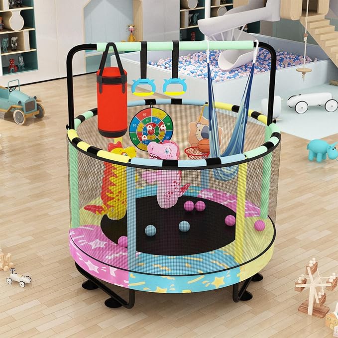 LAMERGE 55" 7-in-1 Round Trampoline for Kids Boys & Girls Ages 1-8, Indoor & Outdoor Trampoline for Fun, Adjustable Height Handrail ＆ Enclosed Safety Net ＆ Durable Designs for Toddlers Children