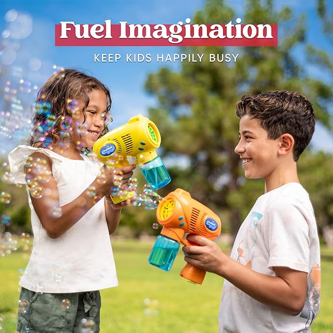 JOYIN 2 Bubble Guns with 2 Refill Solution (10 oz Total), Bubbles Maker, Blower for Kids, Toddlers, Outdoors Activity, Birthday Gift, Easter Basket Stuffers (Yellow+Orange)