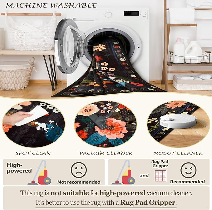 Floral 6ft Area Rug Machine Washable Soft Print Boho Carpet Non Slip Doormat Low Pile Flower Area Rugs for Living Room Bedroom Nursery Kitchen Dining Room Indoor-Black