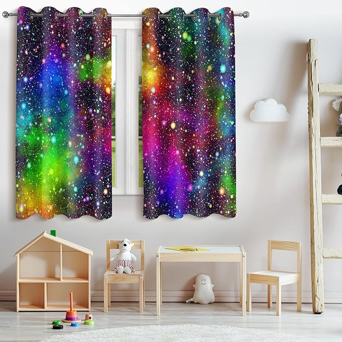 Jekeno Galaxy Blackout Curtains Kids Boys Girls Bedroom Outer Space Universe Nebula Starry Sky Colorful Stars Decor Decoration Grommet Window Drapes 2 Panel Set, 42"x84"