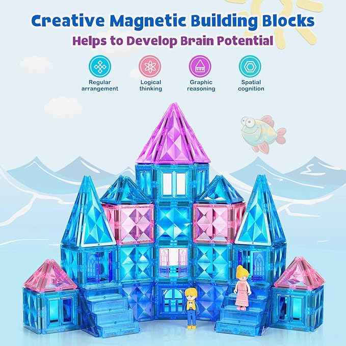102PCS Ice Castle Magnetic Tiles, 3D Building Blocks STEM Educational Kids Toys for Pretend Play, 3 4 5 6 7 8 Year Old Birthday Gifts for Boys and Girls, Preschool Learning Toys for Birthday
