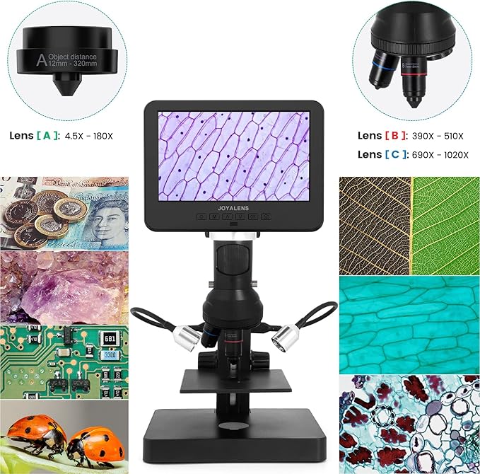 JL246P 3 Lens 7'' LCD Digital Microscope 1000X, Biological Microscope with Prepared Slides for Adults and Kids,12MP for Coin Microscope Full Coin View, 32G Card, Multiple Lights