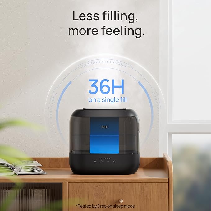 Dreo Top Fill 4L Humidifiers for Bedroom, 36H Runtime, 28 dB Quiet Cool Mist Supersized Air Humidifier for Large Room, Plants, Baby Nursery, Indoor, Night Light, Easy to Clean & Fill, Black