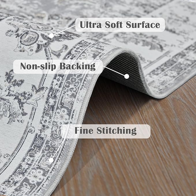 jinchan Runner Rug 3x10-2pcs Kitchen Washable Vintage Hallway Rug Floral Print Floor Cover Indoor Thin Retro Mat Accent for Bathroom Laundry Room Bedroom Office Farmhouse (Double,Grey)