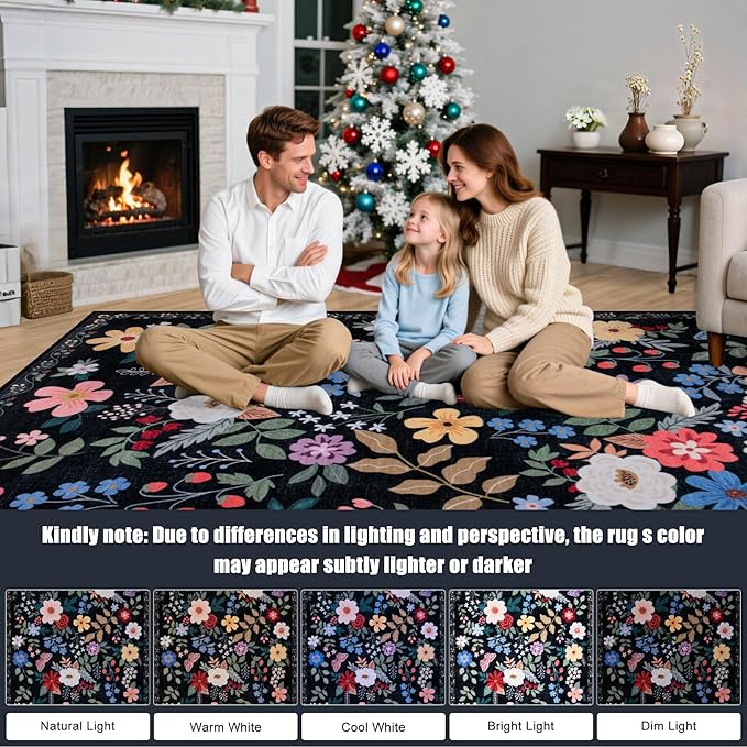Entryway Rug 2X3 Small Rugs: Floral Washable Door Mat Vintage Soft Low Pile Non-Slip Kitchen Rugs Stain Resistant Indoor Throw Rug for Entrance, Bedroom, Kitchen, Laundry, Bathroom Black