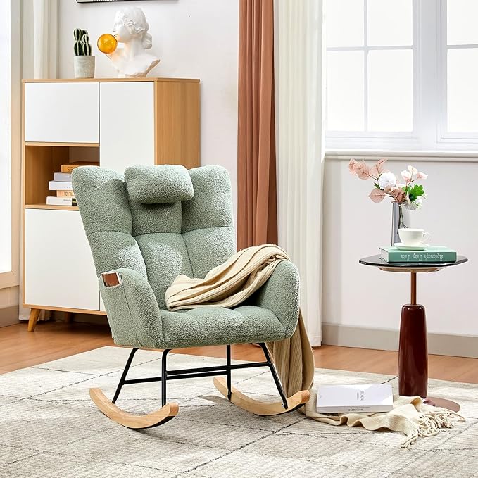 Nursery Rocking Chair,300Lb Glider Chair with Wood Legs/Two Side Pockets,Teddy Upholstered Glider Rocker with Padded Seat High Backrest for Living Room/Bedroom/Nursery