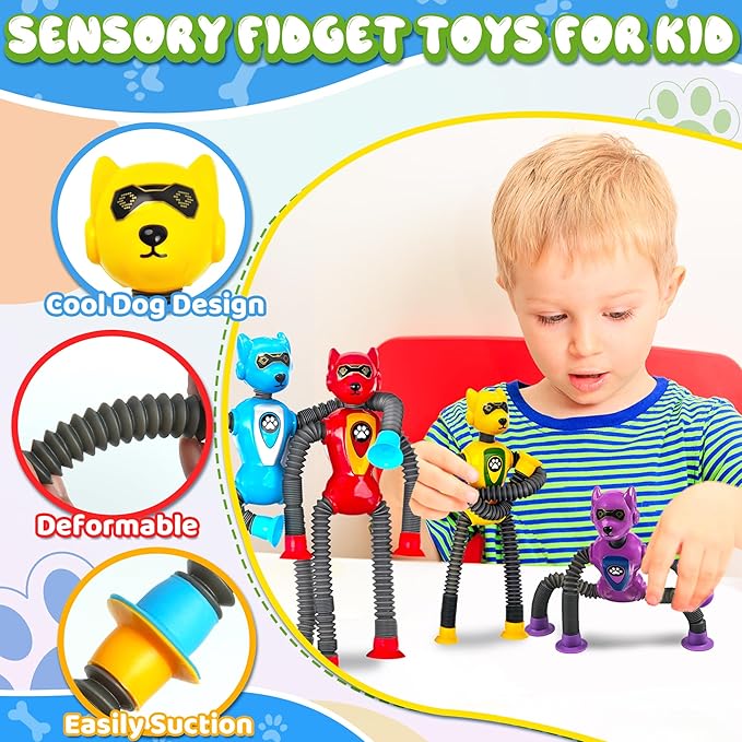 Cool Robot Dog Pop Tubes Sensory Fidgets Toddler Toy 4PC Travel Toys Airplane Car Activities Autistic Road Trip Toys Suction Tube for Kid Boy Year Old Ages 3 4 5 6 7 8 ADHD Autism Fidget Classroom