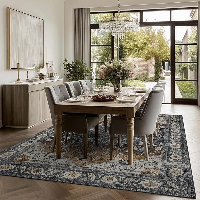 9x12 Area Rug Living Room Rugs, Stain Resistant Washable Rug, Vintage Large Non-Slip Backing, Low Pile Lightweight Print Rug for Bedroom Dinning Room Home Office (Tan/Gray)
