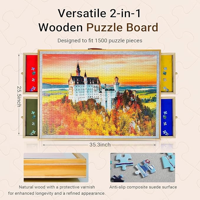 Elegant Wood Grain 2-in-1 Rotating & Tilting Puzzle Board 1500 Pieces, 36"x26" Wooden Board with Drawers, Lazy Susan Base, Cover, Storage Trays & Handle, Gift for Adults & Seniors