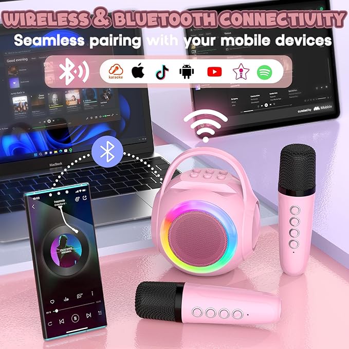 Hockvill Mini Karaoke Machine for Kids with Microphone, Bluetooth Toddler Karaoke Toy with LED Lights, Rechargeable Portable Speaker for Girls & Boys Ages 3-10, Children’s Day & Birthday Gift Ideas