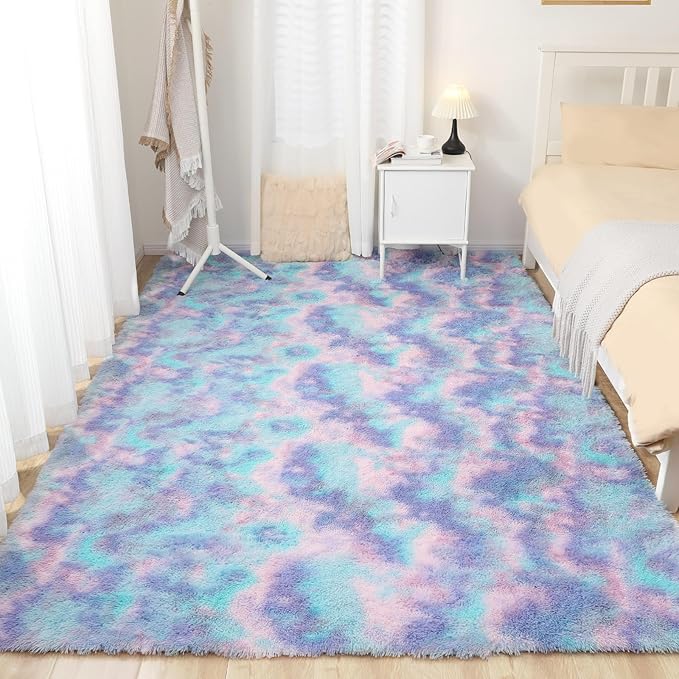 Rainbow Rug for Girls Room, 6x9 Fluffy Area Rugs for Bedroom, Colorful Kids Rug Cute Anti-Skid Indoor Carpet for Nursery, Living Room, Playroom, Home Decor