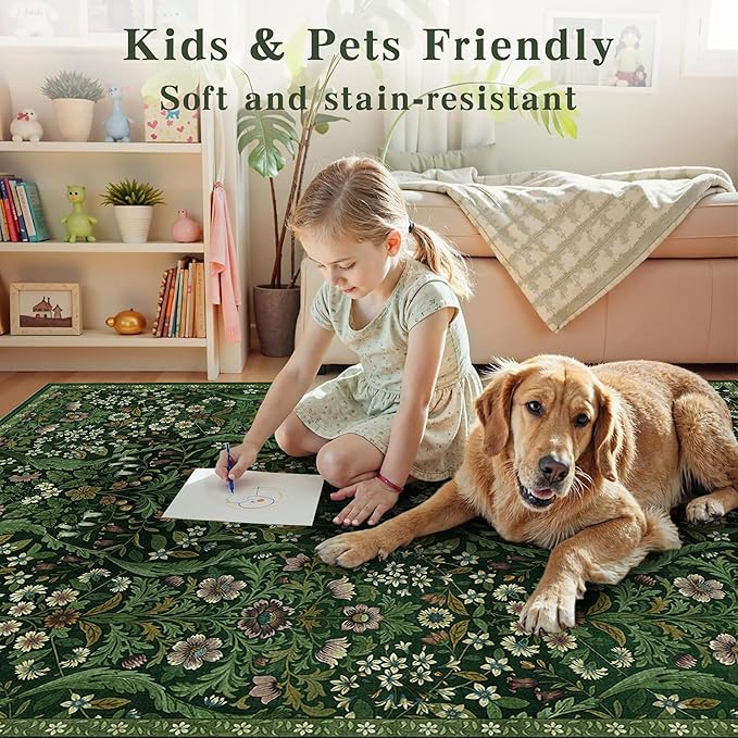 Floral Washable 6x9 Area Rug，Dark Green Boho Rugs for Living Room, Soft Low-Pile Non-Slip Stain Resistant & Non-Shedding Carpet for Bedroom, Dining Room, Office, Entryway, Nursery